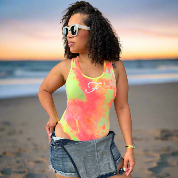 Fresher Neon Lights Tank Bodysuit  - Pink/Yellow